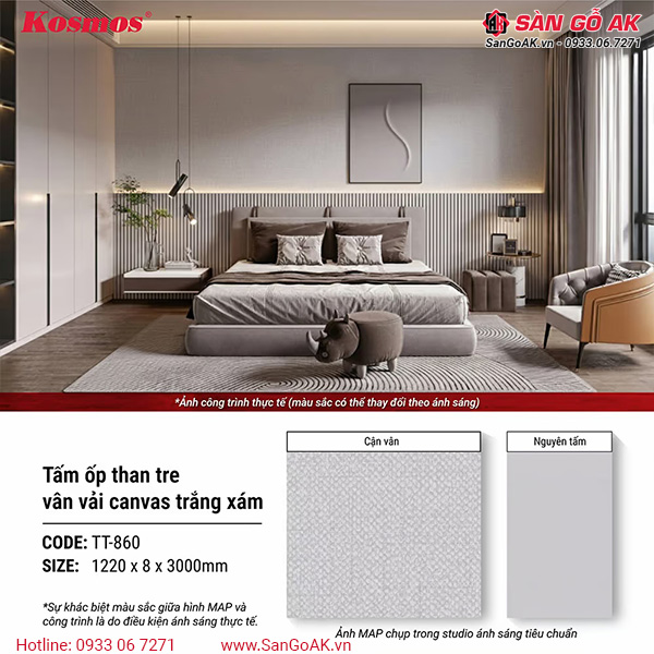 Tấm ốp than tre Kosmos vân vải canvas trắng xám TT-860